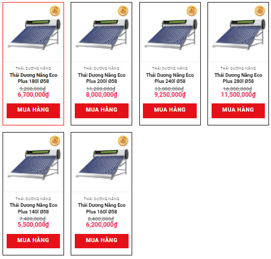 Bảng giá máy nước nóng năng lượng mặt trời Thái Dương Năng Sơn Hà